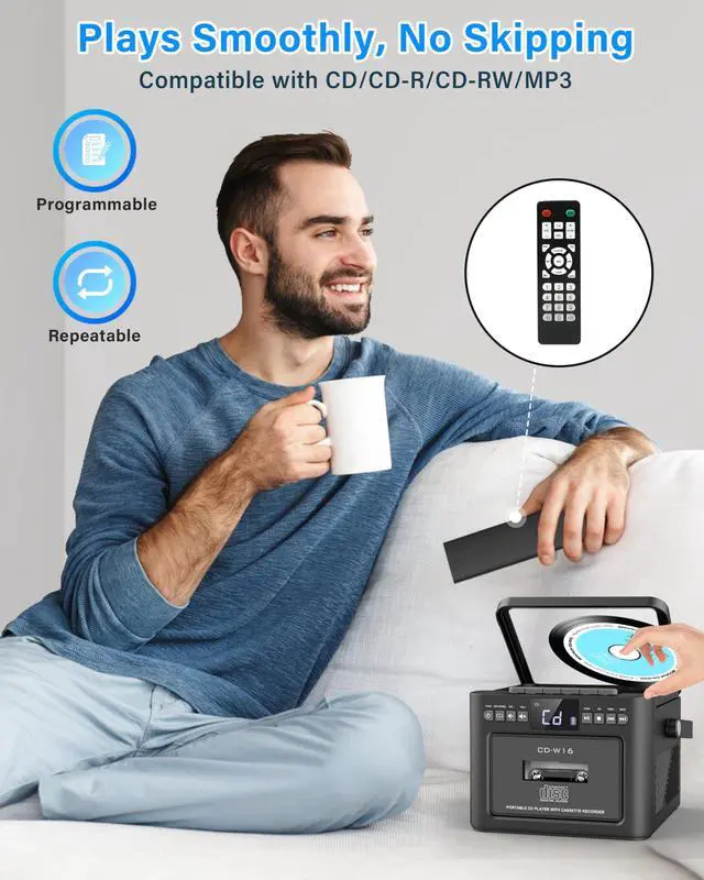 Alt view image 6 of 7 - Boombox CD and Cassette Player Combo, 5000mAh Rechargable CD Player Boombox with Bluetooth Receive/Transmit/FM Radio/USB/TF/AUX/Remote Control, Boom Box Cassette Player for Home Outdoor