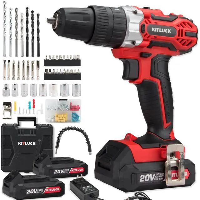 Main image of Cordless Drill Set, 20V Power Drill Kit Electric Drills with 2 X 2.0AH Battery, 44pcs Bits, 1 Box Screws, Bubble Level, 3/8'' Chuck Power Drill, 32NM, 21+3 Position, 2 Variable Speed