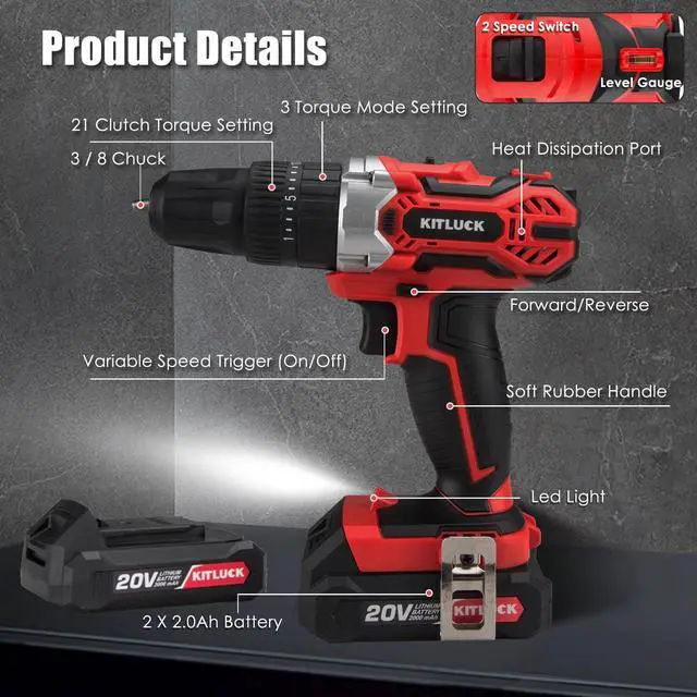 Alt view image 2 of 7 - Cordless Drill Set, 20V Power Drill Kit Electric Drills with 2 X 2.0AH Battery, 44pcs Bits, 1 Box Screws, Bubble Level, 3/8'' Chuck Power Drill, 32NM, 21+3 Position, 2 Variable Speed