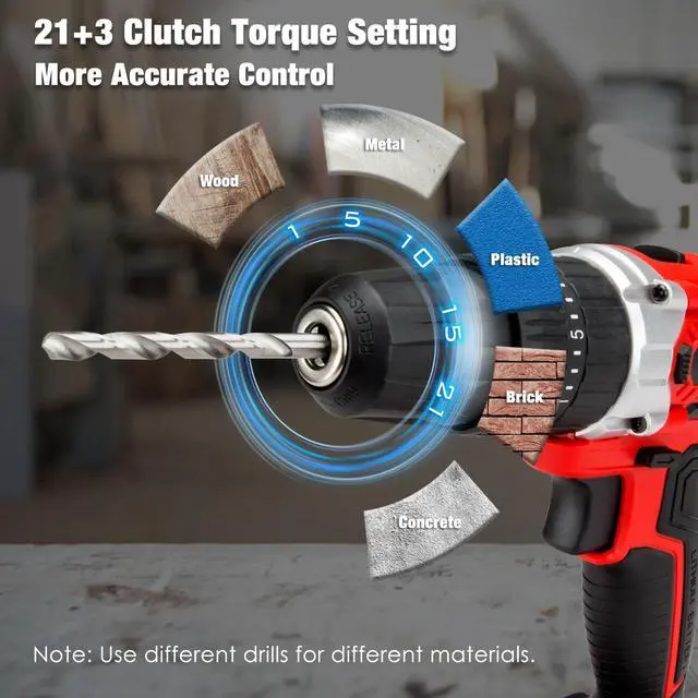 Alt view image 3 of 7 - Cordless Drill Set, 20V Power Drill Kit Electric Drills with 2 X 2.0AH Battery, 44pcs Bits, 1 Box Screws, Bubble Level, 3/8'' Chuck Power Drill, 32NM, 21+3 Position, 2 Variable Speed