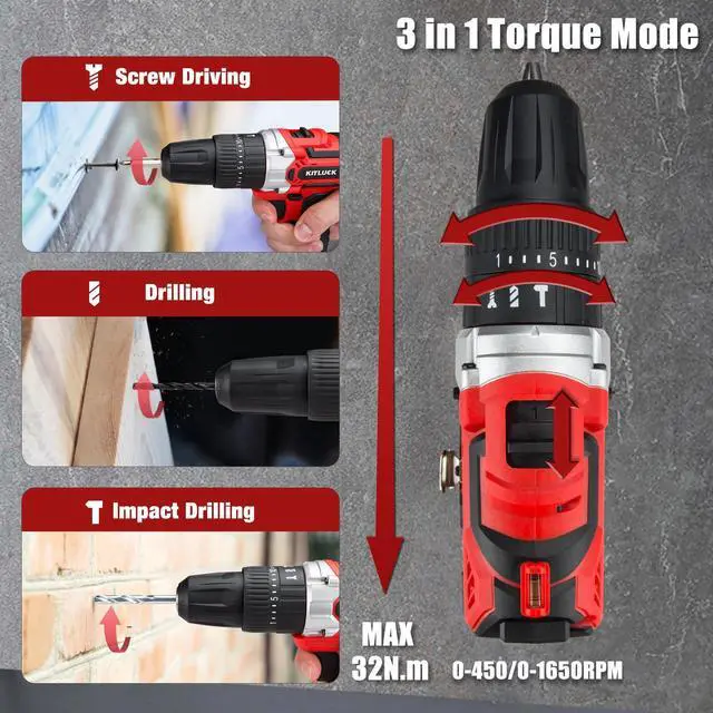 Alt view image 4 of 7 - Cordless Drill Set, 20V Power Drill Kit Electric Drills with 2 X 2.0AH Battery, 44pcs Bits, 1 Box Screws, Bubble Level, 3/8'' Chuck Power Drill, 32NM, 21+3 Position, 2 Variable Speed