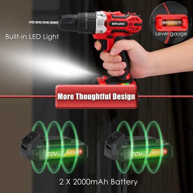Alt view image 6 of 7 - Cordless Drill Set, 20V Power Drill Kit Electric Drills with 2 X 2.0AH Battery, 44pcs Bits, 1 Box Screws, Bubble Level, 3/8'' Chuck Power Drill, 32NM, 21+3 Position, 2 Variable Speed