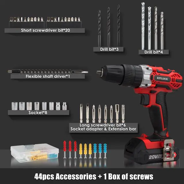Alt view image 5 of 7 - Cordless Drill Set, 20V Power Drill Kit Electric Drills with 2 X 2.0AH Battery, 44pcs Bits, 1 Box Screws, Bubble Level, 3/8'' Chuck Power Drill, 32NM, 21+3 Position, 2 Variable Speed