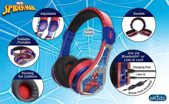 Alt view image 2 of 7 - Spiderman Wireless Bluetooth Portable Headphones with Microphone, Volume Reduced to Protect Hearing Rechargeable Battery, Adjustable Kids Headband for School Home or Travel