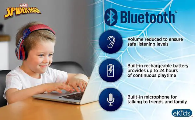 Alt view image 3 of 7 - Spiderman Wireless Bluetooth Portable Headphones with Microphone, Volume Reduced to Protect Hearing Rechargeable Battery, Adjustable Kids Headband for School Home or Travel