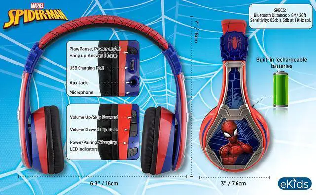 Alt view image 6 of 7 - Spiderman Wireless Bluetooth Portable Headphones with Microphone, Volume Reduced to Protect Hearing Rechargeable Battery, Adjustable Kids Headband for School Home or Travel