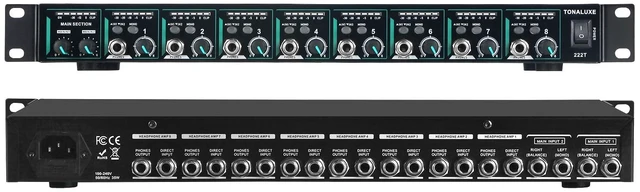 Main image of 8-Channel Headphone Mixing Distribution Amplifier, Mountable High-Power Headphone Splitter Amp with Mono/Stereo Modes, 16 Headphone Outs, LED Meters for Studio & Live Sound Monitoring