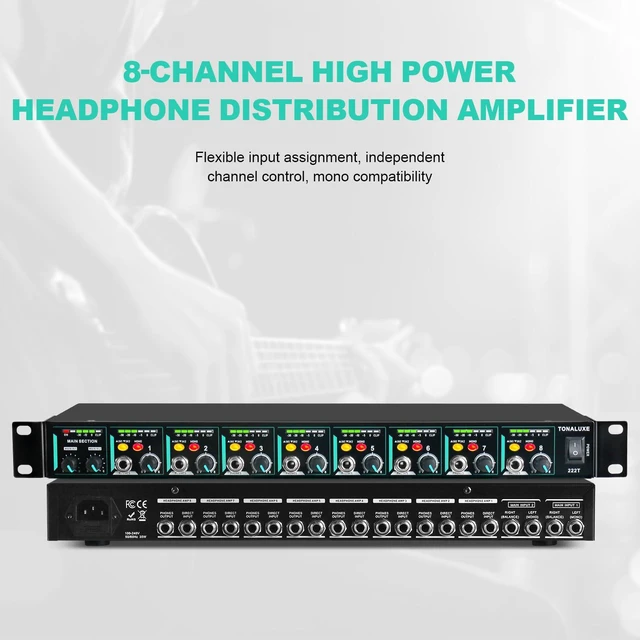 Alt view image 2 of 7 - 8-Channel Headphone Mixing Distribution Amplifier, Mountable High-Power Headphone Splitter Amp with Mono/Stereo Modes, 16 Headphone Outs, LED Meters for Studio & Live Sound Monitoring