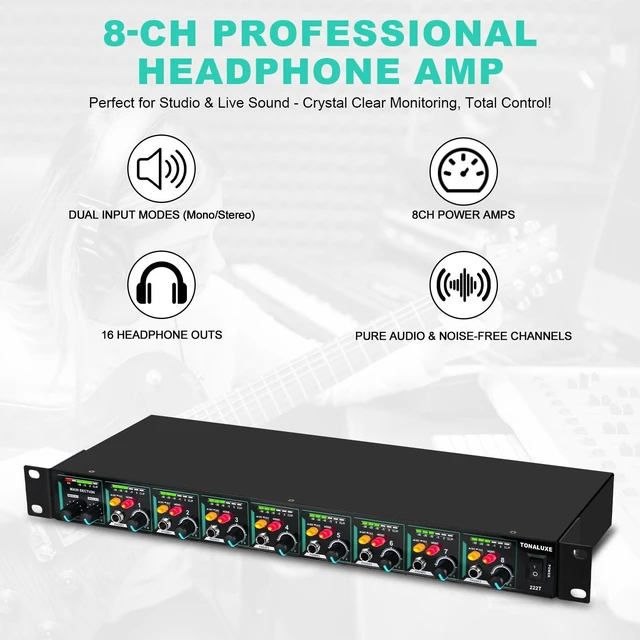 Alt view image 3 of 7 - 8-Channel Headphone Mixing Distribution Amplifier, Mountable High-Power Headphone Splitter Amp with Mono/Stereo Modes, 16 Headphone Outs, LED Meters for Studio & Live Sound Monitoring