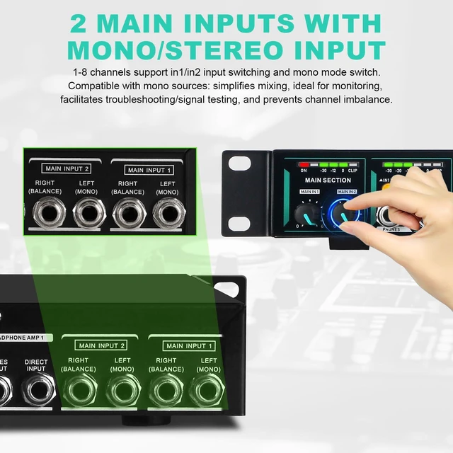 Alt view image 4 of 7 - 8-Channel Headphone Mixing Distribution Amplifier, Mountable High-Power Headphone Splitter Amp with Mono/Stereo Modes, 16 Headphone Outs, LED Meters for Studio & Live Sound Monitoring