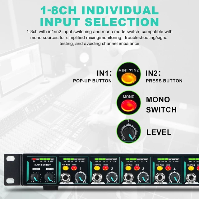 Alt view image 5 of 7 - 8-Channel Headphone Mixing Distribution Amplifier, Mountable High-Power Headphone Splitter Amp with Mono/Stereo Modes, 16 Headphone Outs, LED Meters for Studio & Live Sound Monitoring