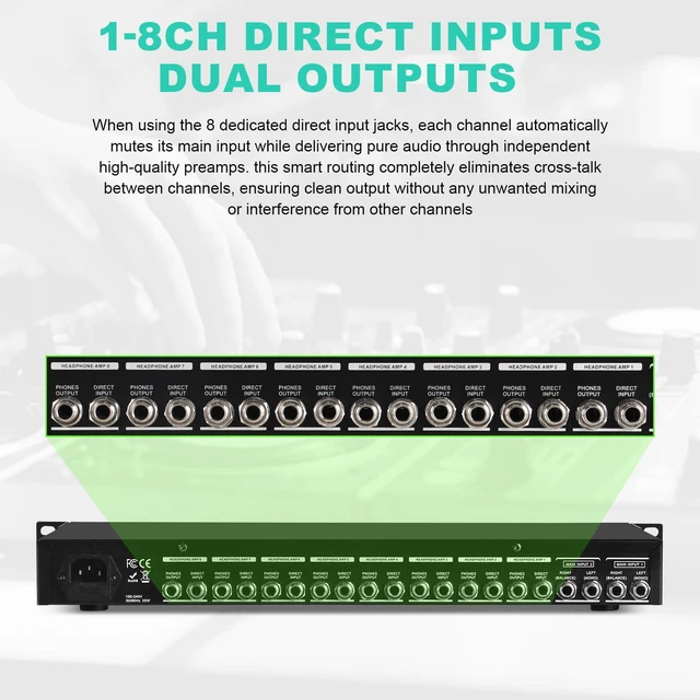 Alt view image 6 of 7 - 8-Channel Headphone Mixing Distribution Amplifier, Mountable High-Power Headphone Splitter Amp with Mono/Stereo Modes, 16 Headphone Outs, LED Meters for Studio & Live Sound Monitoring