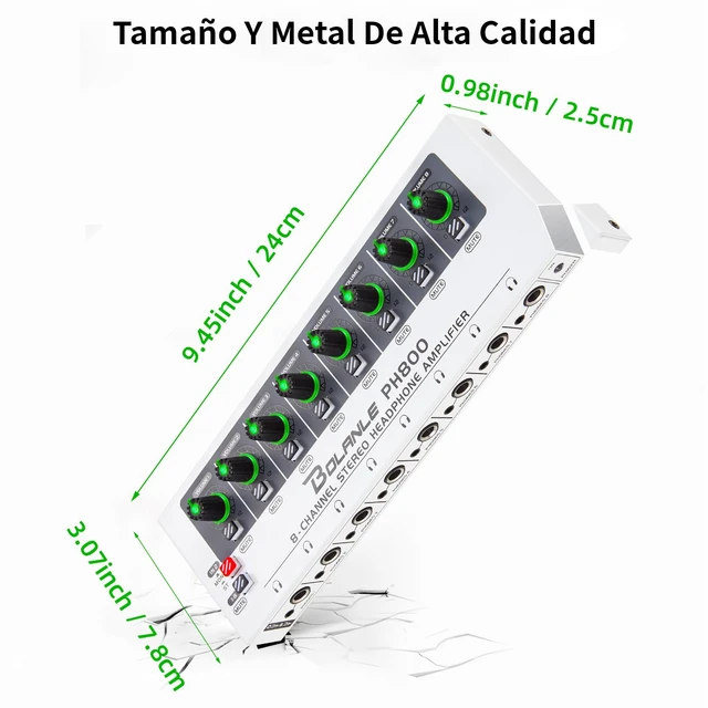 Alt view image 5 of 7 - PH800 8-Channel Headphone Amplifier 16-Output 3.5mm 6.35mm 250 Drives up to 250 Headphones for Studio, Band, Home Recording