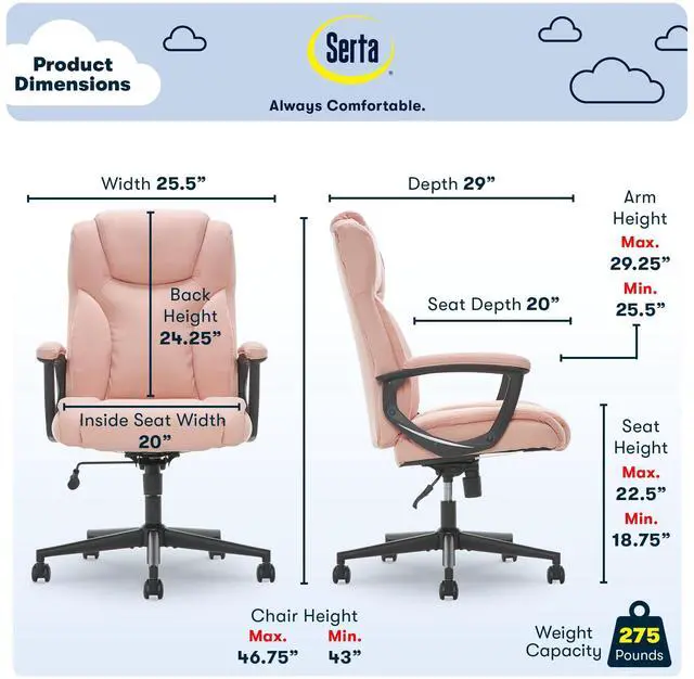 Alt view image 3 of 7 - Connor Executive Office Chair, Ergonomic Computer Chair with Layered Body Pillows, Contoured Lumbar, Adjustable Seat, Microfiber Fabric, Pink