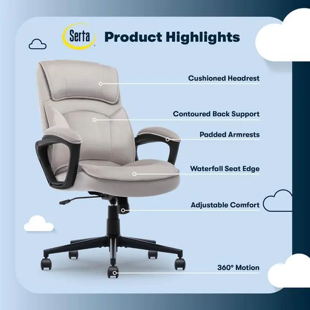 Alt view image 3 of 7 - Classic Executive Office Chair, Ergonomic Mid-Back Computer DeskChair with Lumbar Support, Semi-Plush Cushion and Body Pillows, Padded Armrests, Swivel Base, Taupe Velvet Fabric