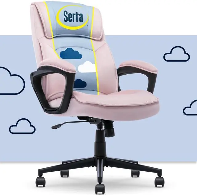 Main image of Classic Executive Office Chair, Ergonomic Mid-Back Computer DeskChair with Lumbar Support, Semi-Plush Cushion and Body Pillows, Padded Armrests, Swivel Base, Pink Velvet Fabric