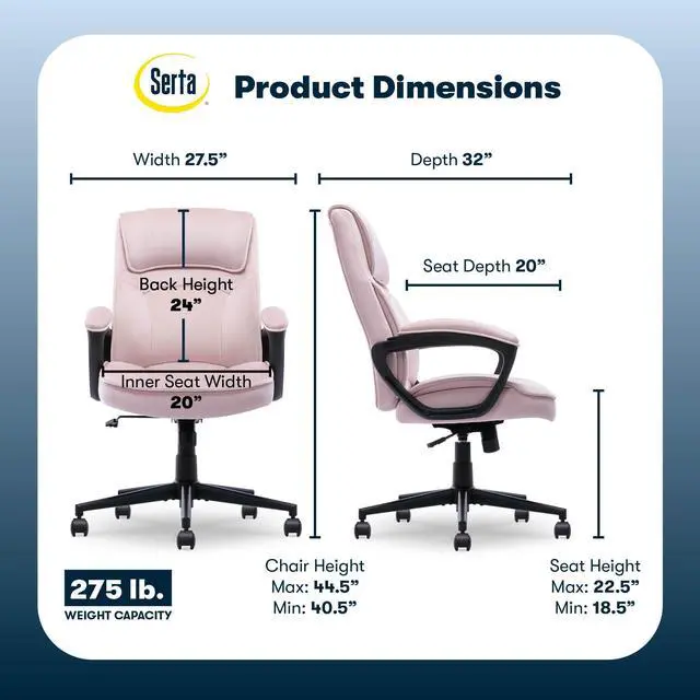 Alt view image 2 of 7 - Classic Executive Office Chair, Ergonomic Mid-Back Computer DeskChair with Lumbar Support, Semi-Plush Cushion and Body Pillows, Padded Armrests, Swivel Base, Pink Velvet Fabric