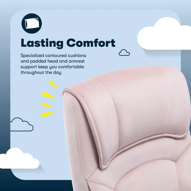 Alt view image 4 of 7 - Classic Executive Office Chair, Ergonomic Mid-Back Computer DeskChair with Lumbar Support, Semi-Plush Cushion and Body Pillows, Padded Armrests, Swivel Base, Pink Velvet Fabric