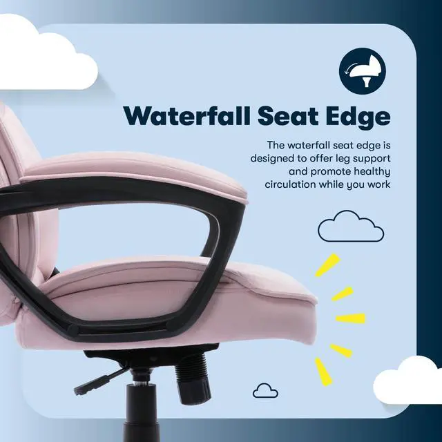 Alt view image 5 of 7 - Classic Executive Office Chair, Ergonomic Mid-Back Computer DeskChair with Lumbar Support, Semi-Plush Cushion and Body Pillows, Padded Armrests, Swivel Base, Pink Velvet Fabric