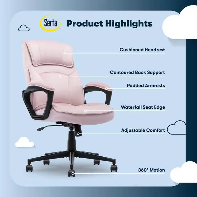 Alt view image 3 of 7 - Classic Executive Office Chair, Ergonomic Mid-Back Computer DeskChair with Lumbar Support, Semi-Plush Cushion and Body Pillows, Padded Armrests, Swivel Base, Pink Velvet Fabric