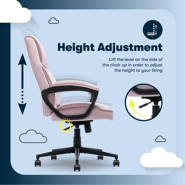 Alt view image 6 of 7 - Classic Executive Office Chair, Ergonomic Mid-Back Computer DeskChair with Lumbar Support, Semi-Plush Cushion and Body Pillows, Padded Armrests, Swivel Base, Pink Velvet Fabric