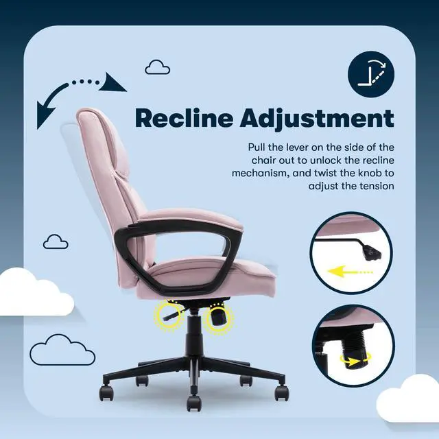 Alt view image 7 of 7 - Classic Executive Office Chair, Ergonomic Mid-Back Computer DeskChair with Lumbar Support, Semi-Plush Cushion and Body Pillows, Padded Armrests, Swivel Base, Pink Velvet Fabric