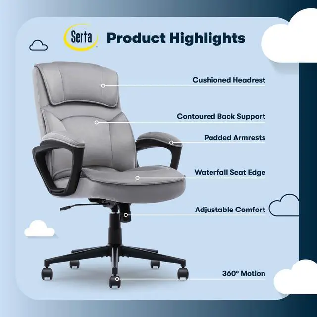 Alt view image 3 of 7 - Classic Executive Office Chair, Ergonomic Mid-Back Computer DeskChair with Lumbar Support, Semi-Plush Cushion and Body Pillows, Padded Armrests, Swivel Base, Gray Velvet Fabric
