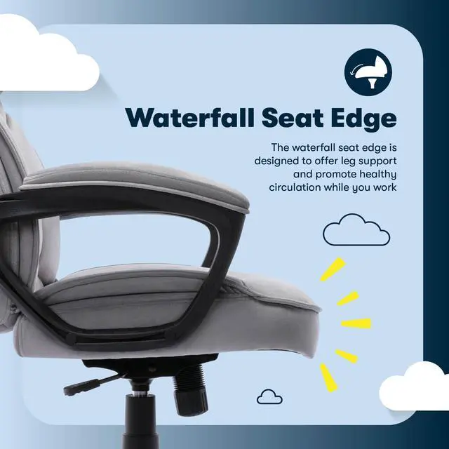 Alt view image 5 of 7 - Classic Executive Office Chair, Ergonomic Mid-Back Computer DeskChair with Lumbar Support, Semi-Plush Cushion and Body Pillows, Padded Armrests, Swivel Base, Gray Velvet Fabric