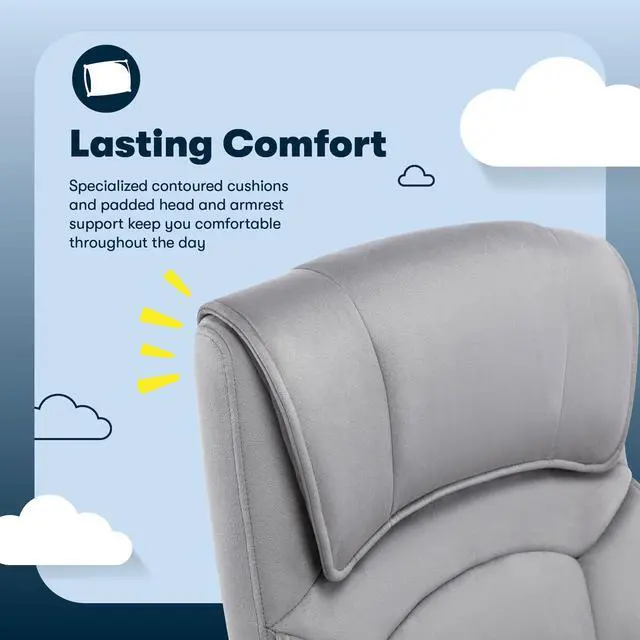 Alt view image 4 of 7 - Classic Executive Office Chair, Ergonomic Mid-Back Computer DeskChair with Lumbar Support, Semi-Plush Cushion and Body Pillows, Padded Armrests, Swivel Base, Gray Velvet Fabric