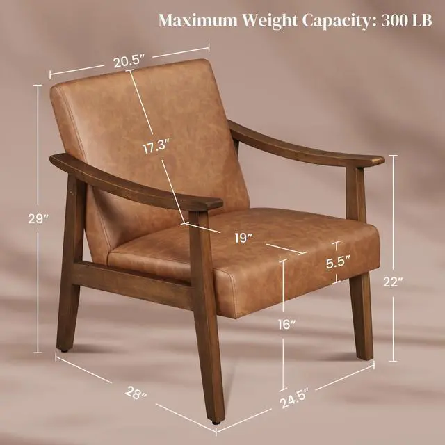 Alt view image 2 of 7 - PU Leather Accent Chair, Mid-Century Modern Armchair with Solid Wood Legs, Reading Leisure Chair with High Back for Living Room Bedroom Waiting Room, Set of 2, Brown