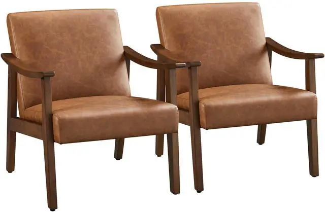 Main image of PU Leather Accent Chair, Mid-Century Modern Armchair with Solid Wood Legs, Reading Leisure Chair with High Back for Living Room Bedroom Waiting Room, Set of 2, Brown