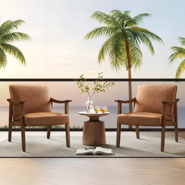 Alt view image 3 of 7 - PU Leather Accent Chair, Mid-Century Modern Armchair with Solid Wood Legs, Reading Leisure Chair with High Back for Living Room Bedroom Waiting Room, Set of 2, Brown