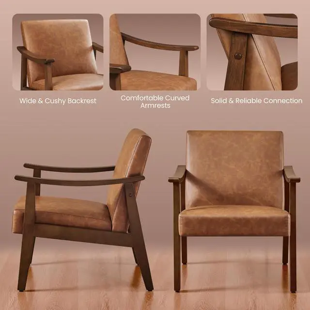 Alt view image 4 of 7 - PU Leather Accent Chair, Mid-Century Modern Armchair with Solid Wood Legs, Reading Leisure Chair with High Back for Living Room Bedroom Waiting Room, Set of 2, Brown