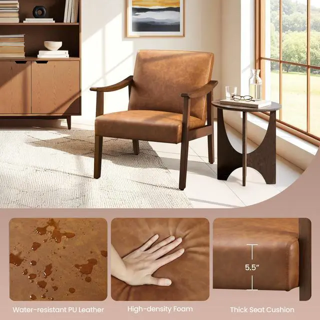 Alt view image 5 of 7 - PU Leather Accent Chair, Mid-Century Modern Armchair with Solid Wood Legs, Reading Leisure Chair with High Back for Living Room Bedroom Waiting Room, Set of 2, Brown