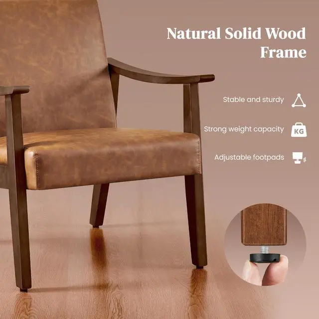 Alt view image 7 of 7 - PU Leather Accent Chair, Mid-Century Modern Armchair with Solid Wood Legs, Reading Leisure Chair with High Back for Living Room Bedroom Waiting Room, Set of 2, Brown