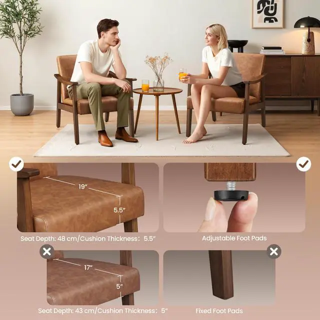 Alt view image 6 of 7 - PU Leather Accent Chair, Mid-Century Modern Armchair with Solid Wood Legs, Reading Leisure Chair with High Back for Living Room Bedroom Waiting Room, Set of 2, Brown