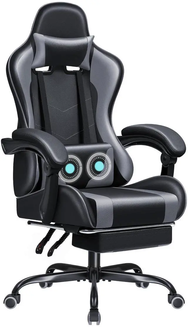 Main image of Gaming Chair Ergonomic Computer Chair with Footrest and Massage Lumbar Support, Height Adjustable Video Gaming Chair with 360° Swivel Seat and Headrest (Grey)