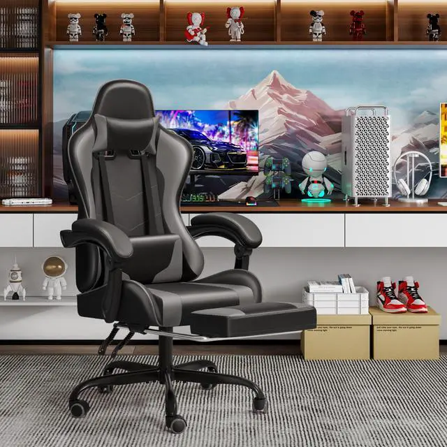 Alt view image 2 of 7 - Gaming Chair Ergonomic Computer Chair with Footrest and Massage Lumbar Support, Height Adjustable Video Gaming Chair with 360° Swivel Seat and Headrest (Grey)