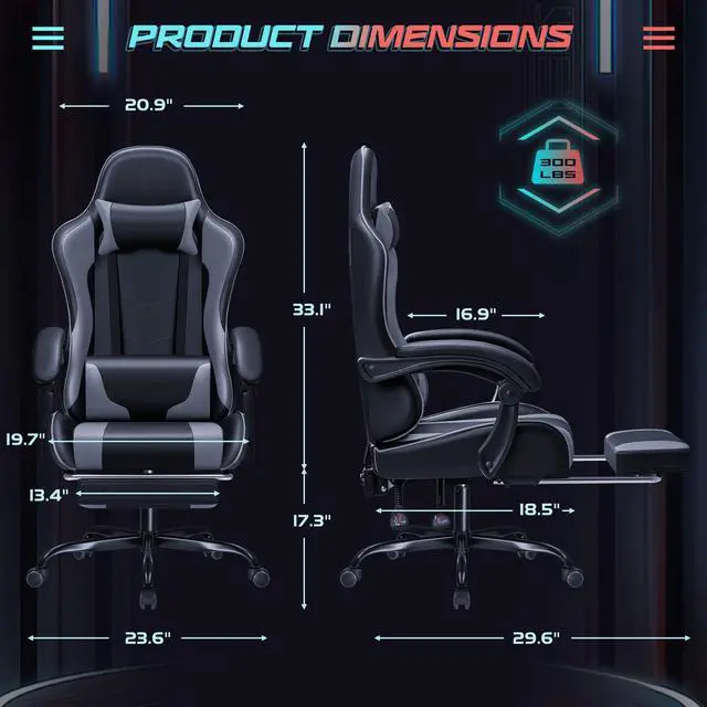 Alt view image 3 of 7 - Gaming Chair Ergonomic Computer Chair with Footrest and Massage Lumbar Support, Height Adjustable Video Gaming Chair with 360° Swivel Seat and Headrest (Grey)