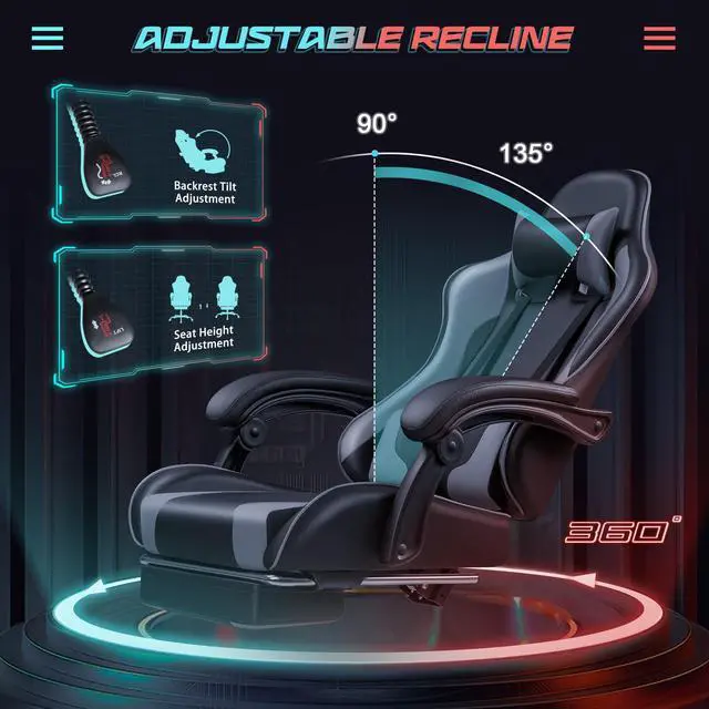 Alt view image 5 of 7 - Gaming Chair Ergonomic Computer Chair with Footrest and Massage Lumbar Support, Height Adjustable Video Gaming Chair with 360° Swivel Seat and Headrest (Grey)