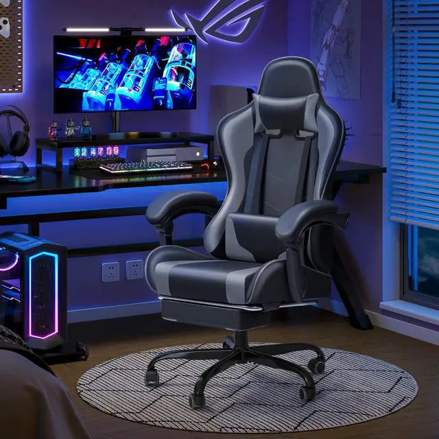 Alt view image 7 of 7 - Gaming Chair Ergonomic Computer Chair with Footrest and Massage Lumbar Support, Height Adjustable Video Gaming Chair with 360° Swivel Seat and Headrest (Grey)