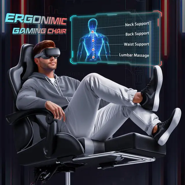Alt view image 6 of 7 - Gaming Chair Ergonomic Computer Chair with Footrest and Massage Lumbar Support, Height Adjustable Video Gaming Chair with 360° Swivel Seat and Headrest (Grey)