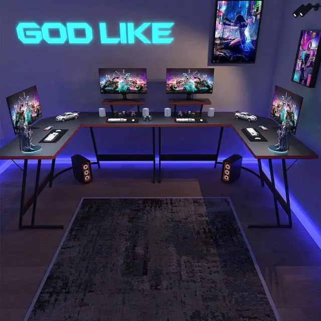 Alt view image 4 of 7 - L Shaped Gaming Desk, Corner Desk with Monitor Stand, Computer PC Table for Home Office Writing Studying Working, Space-Saving, Easy Assemble (Black, 47'')