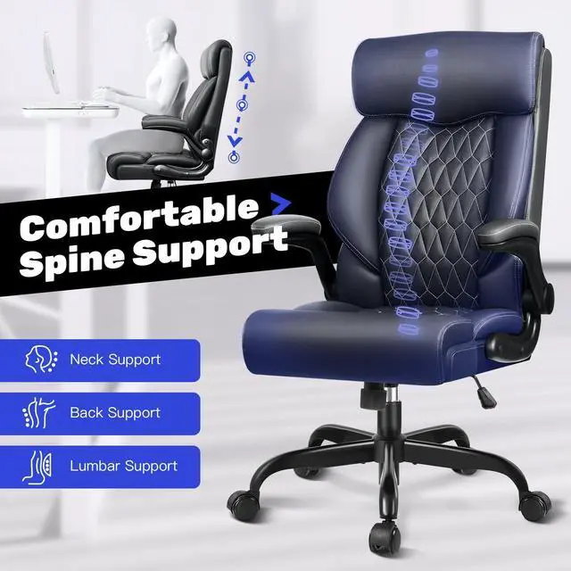 Alt view image 2 of 5 - High Back Executive Office Chair - Ergonomic Computer Desk with Rocking Function, Leather Managerial with Adjustable Flip-Up Armrests and Lumbar Support