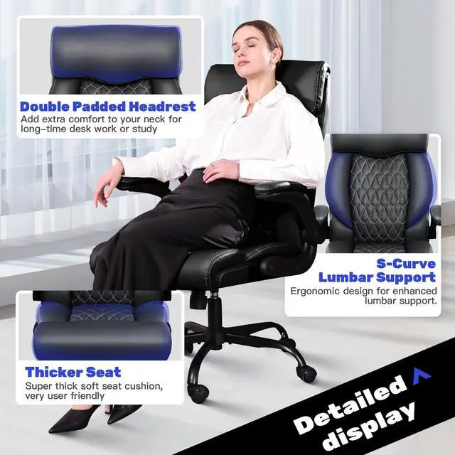 Alt view image 3 of 5 - High Back Executive Office Chair - Ergonomic Computer Desk with Rocking Function, Leather Managerial with Adjustable Flip-Up Armrests and Lumbar Support