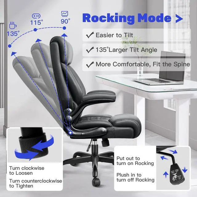 Alt view image 4 of 5 - High Back Executive Office Chair - Ergonomic Computer Desk with Rocking Function, Leather Managerial with Adjustable Flip-Up Armrests and Lumbar Support
