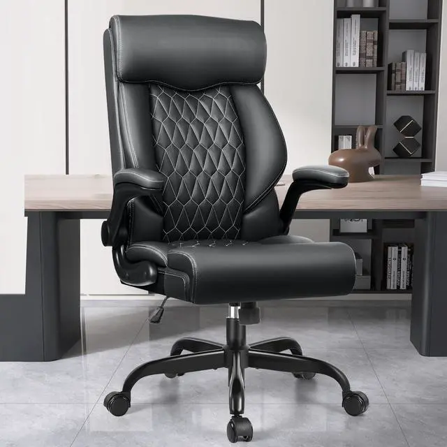 Main image of High Back Executive Office Chair - Ergonomic Computer Desk with Rocking Function, Leather Managerial with Adjustable Flip-Up Armrests and Lumbar Support