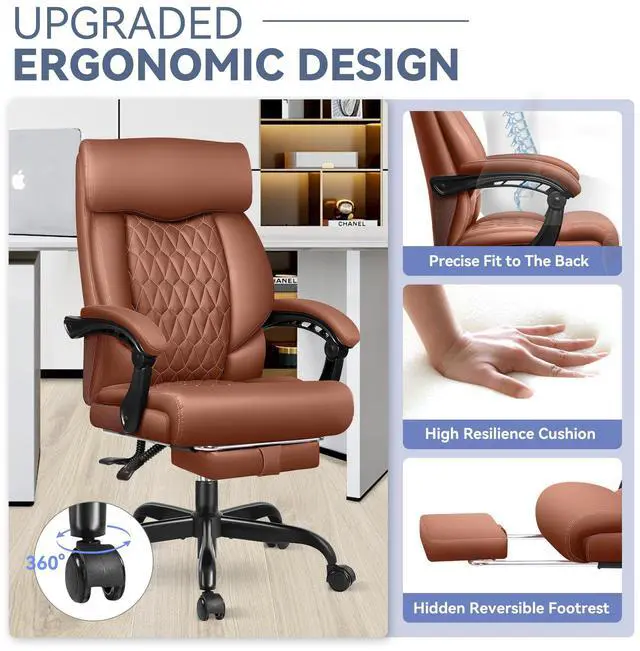 Alt view image 2 of 7 - Office Chair, Big and Tall Office Desk Chair, Reclining Office Chair with Footrest Home Office Desk Chairs, High Back Ergonomic with Lumbar Support, Executive Leather