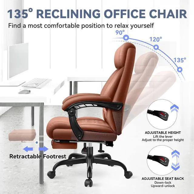 Alt view image 6 of 7 - Office Chair, Big and Tall Office Desk Chair, Reclining Office Chair with Footrest Home Office Desk Chairs, High Back Ergonomic with Lumbar Support, Executive Leather