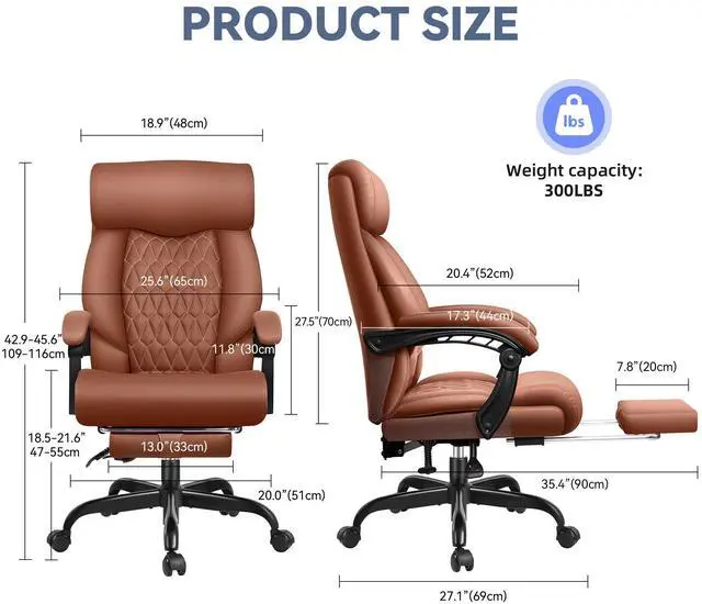 Alt view image 7 of 7 - Office Chair, Big and Tall Office Desk Chair, Reclining Office Chair with Footrest Home Office Desk Chairs, High Back Ergonomic with Lumbar Support, Executive Leather